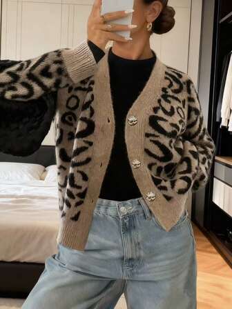 フリーフォーム オータム/ウィンター レディース レオパード柄カーディガンセーター、ファッションミニマリストビジネスカジュアル通勤エレガントリゾート暖かい高級多用途スリミング勝利の日可愛いトップスコリアンスタイル
