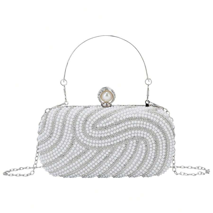Womens Pearl Clutch Purse Beaded Evening Handbag With Chain Bridal Wedding Party Bag Luxury Elegant Small Bag Formal Occasion Accessories Fashionable Chic Design - 白色 - 查看 1