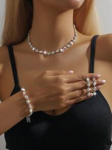 4件套奢华水钻珍珠项链、耳环和手链首饰套装，适合新娘、婚礼礼物、日常通勤、聚会、度假佩戴，优雅百搭。 - 4件/套 - 查看 1