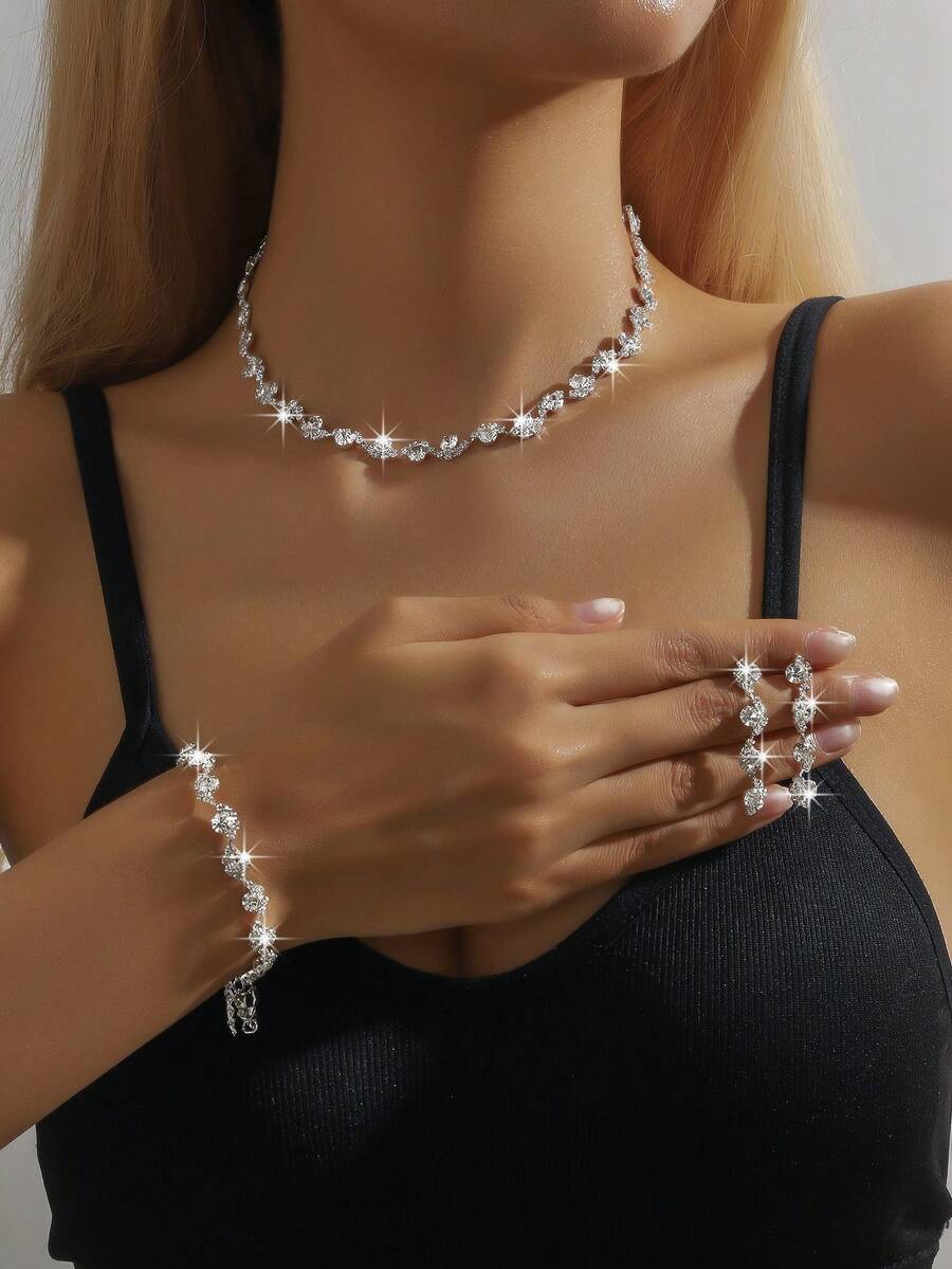 4件套奢华水钻珍珠项链、耳环和手链首饰套装，适合新娘、婚礼礼物、日常通勤、聚会、度假佩戴，优雅百搭。 - 4件/套 - 查看 1