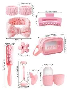 3/5/9/10pcs/Set Face Beauty Massage Tool Kit, Pink Women Grooming & Care Tool Set Includes Scraper, Roller, Comb, Hair Clips, Wristband, Makeup Bag, Suitable For Students, Moms, Sisters As Gift - Pink - View 2