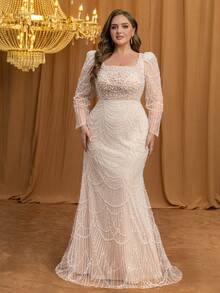 UNITHORSE Plus Size Women Elegant Square Neck Long Sleeve Pearl Decor Waist Fitted Bodycon Evening Gown Wedding Party - Apricot - View 1