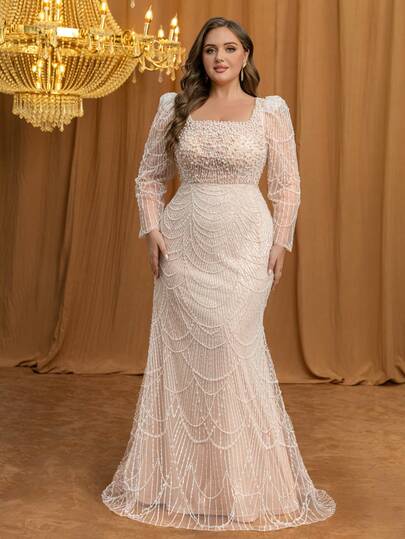 UNITHORSE 大码女士优雅方领长袖珍珠装饰收腰修身晚礼服婚纱