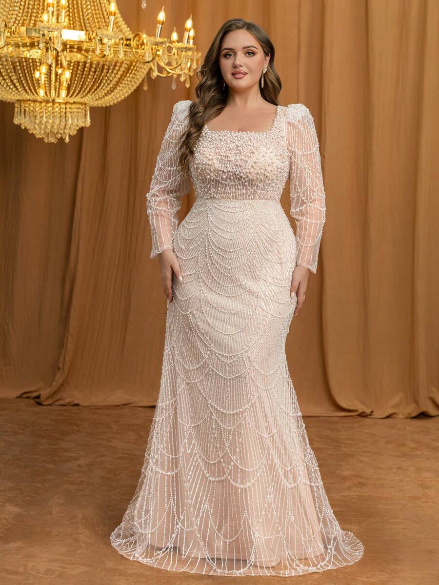 UNITHORSE Plus Size Women Elegant Square Neck Long Sleeve Pearl Decor Waist Fitted Bodycon Evening Gown Wedding Party - Apricot - View 1