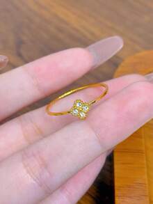 1pc Stainless Steel Classic Thin Clover Ring, Unique Design, Versatile Floral Ring, - Four-leaf Clover Ring With Diamonds - View 8