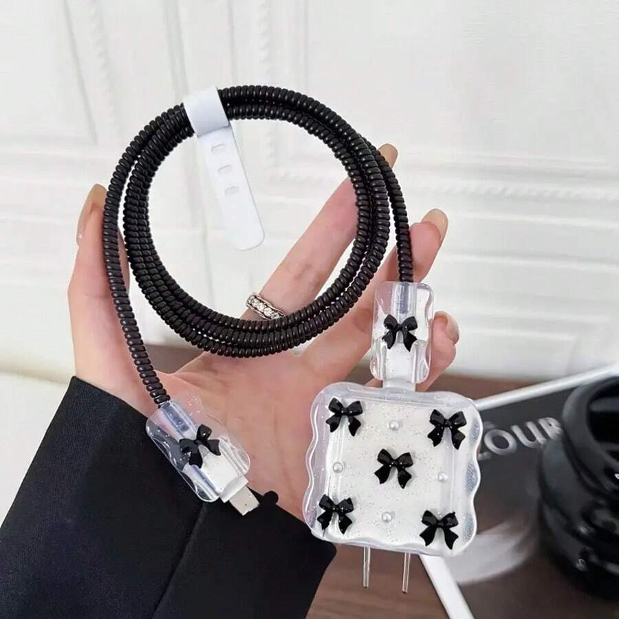 20W/18W Black Bow-Knot & White Pearl Design Charging Protector Set, Includes Charging Cable Protector, Charging Head Protector, Compatible With IPhone Charger