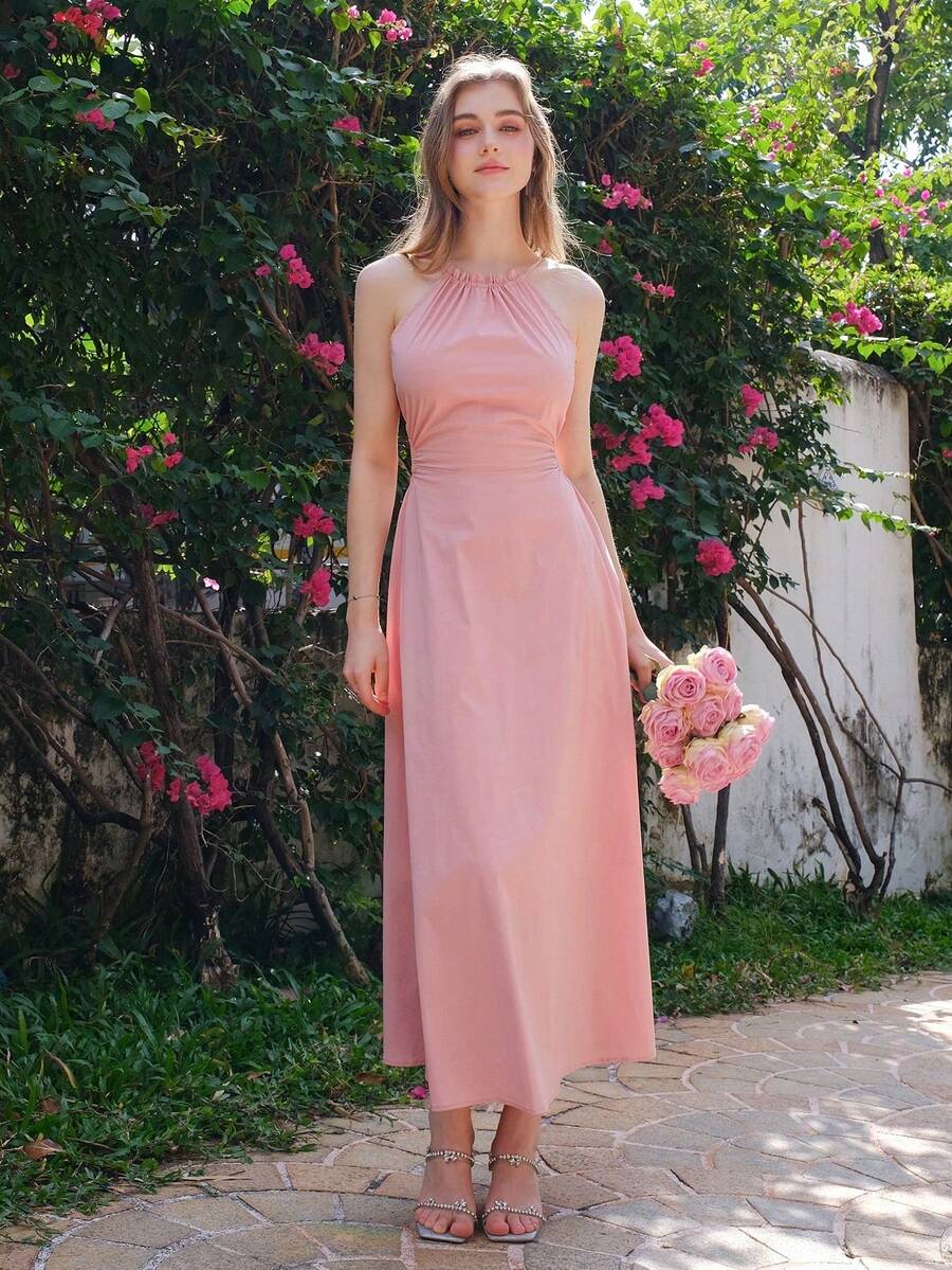 Elegant Solid Color Backless Dress, Summer - Pink - View 1