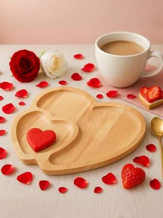 1pc Double Heart-Shaped Wooden Tray - Charming Heart Design Serving Tray For Weddings, Valentine'S Day Decorations, Home Kitchen Supplies, Wedding Table Decor, Contemporary Tray