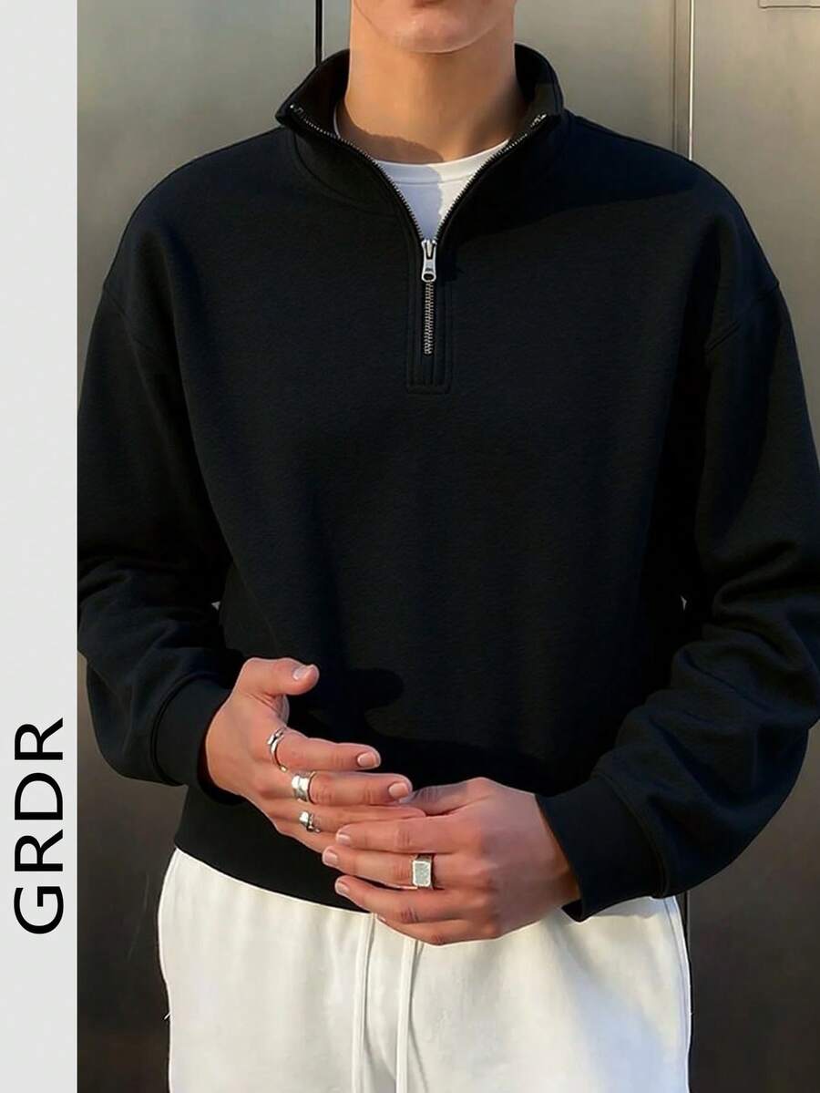 Men's Solid Color Loose Fit Pullover Sweatshirt With Stand Collar And Half Zipper, Suitable For Spring And Autumn - Black - View 1