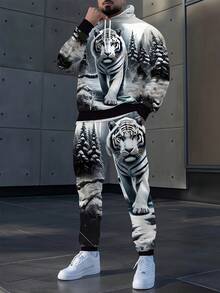 Animal Tiger Full-Body Digital Print Men's Suit Sweatshirt Forest Tiger Print Casual Hoodie + Drawstring Casual Pants 2pcs Set Men's And Women's Couple Hoodie Suit - style - 查看 2