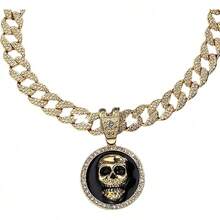Men's Shiny Cuban Chain Necklace, Miami Style Silver Plated Gold Plated Shiny Necklace, Hop Necklace - 骷髏頭-金色 - 查看 4