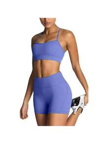 Women's Workout Sets 2 Piece Yoga Outfits High Waisted Yoga Leggings Shorts And Sports Bra Gym Clothes Tracksuit - 藍色 - 查看 3
