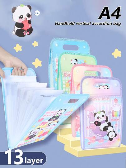 1pc Vertical Cartoon Panda File Folder, 13-Layer High Capacity, Fashionable A4 Accordion File Organizer, Minimalist & Cute Storage Bag, Double Buckle Design, Water-Resistant, Student Subject Divider, Translucent Storage Pouch, Multi-Layer Expandable File Folder, Ideal For Office/School Paper, Document, Exam Paper, File Storage (Random Color/Shape Of Free Gift Tag)