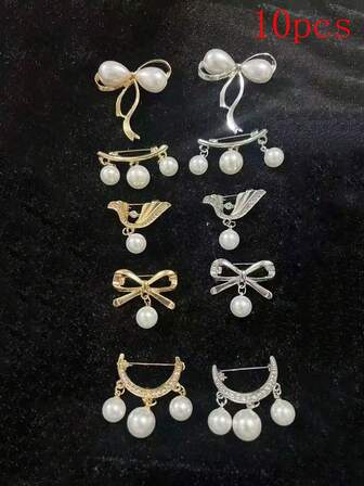 10枚/5枚装时尚胸针，优雅韩式合金胸针，镶嵌水钻和珍珠，防晒装饰配件