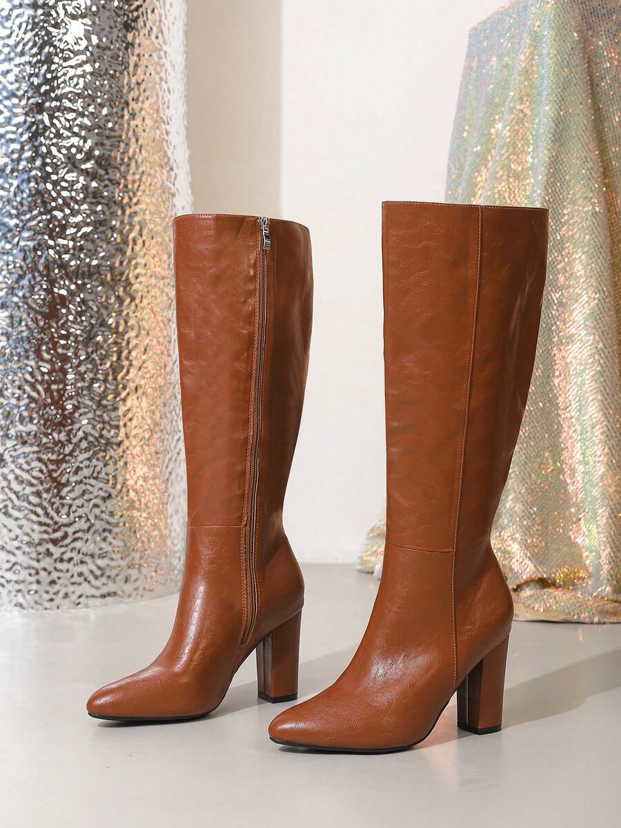 Women's Plus Size Over-The-Knee Boots, Chunky Heel, Side Zipper, Light Color, Vintage Style, Versatile Fashion Boots For Autumn/Winter