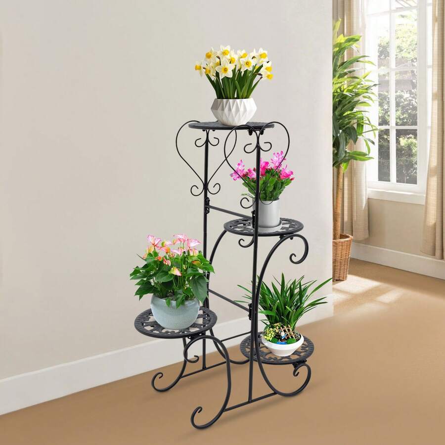 WOBENFOG 4-Tier Metal Flower Plant Stand, Indoor Outdoor Plant Shelf Display, Flower Pot Holder Stand For Patio Garden, Living Room, Corner Balcony, Bedroom, Office - màu đen - Xem 1