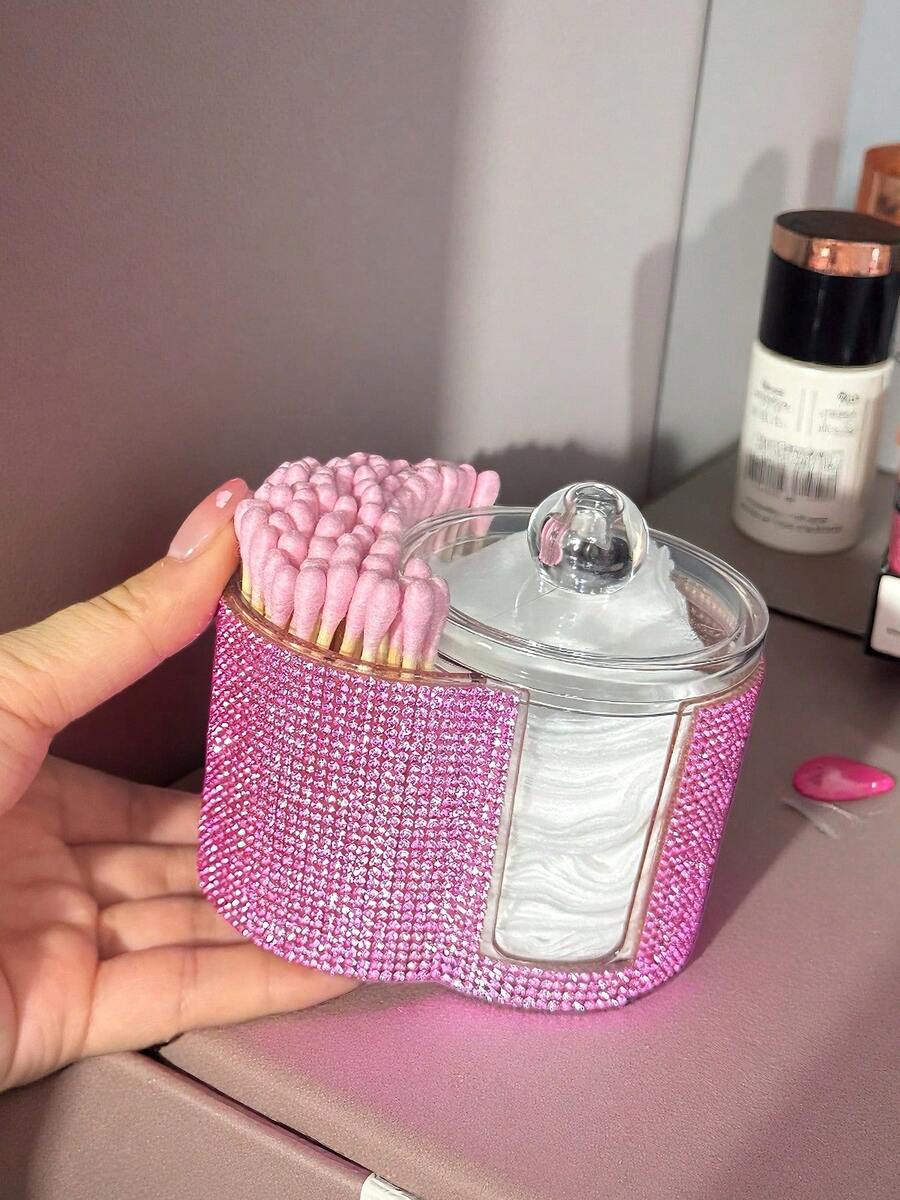 二合一水钻塑料收纳盒，桌面化妆品收纳盒，带双圆形隔层 - 现代梳妆台收纳盒，带盖，浴室梳妆台整理盒，可收纳化妆刷、口红、美容工具，房间装饰 - 彩色 - 查看 1