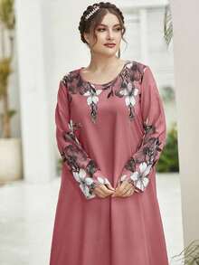 Vestido largo de poliéster de talla grande para mujer con cuello redondo y hermoso estampado de borde floral - Rosado Sandía - Ver 3