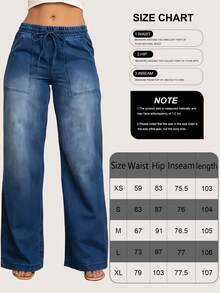 Women's Elastic Waist Loose Fashion Casual Denim Straight Jeans With Medium Stretch, Mid-Rise Design, With Pockets, Dark Blue, Featuring Drawstring Waist, Suitable For All-Season Wear, All-Season Jeans - 深藍色 - 查看 6