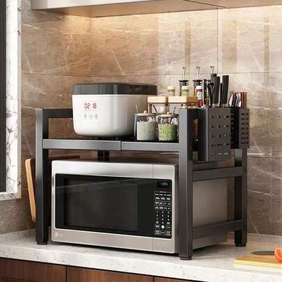 Adjustable Extendable Microwave Oven Rack With Cutting Board Holder Tool Rest Microwave Stand 6 Hooks 330lbs Capacity For Kitchen Counter 15.7"-24.8" Black