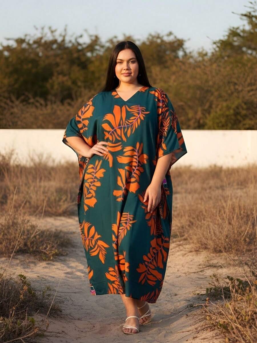 Gypsie Blu Women Kaftan Dress Plus Size Beach Coverup Loungewear Nightdress Summer Night Gown Maxi Length Caftan - 青色 - 查看 1