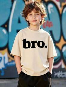 Tween Boy Casual Sports Everyday Commute Minimalist Personalized Letter Print Loose Short Sleeve T-Shirt, Suitable For Spring/Summer School And Outdoor Wear - Apricot - View 1