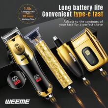 WEEME 4件/1件裝男士電動理容套組，包含電動刮鬍刀、電動修剪器、電動鼻毛修剪器與精細修剪器，適用於居家、車內與旅行使用，送給父親、丈夫、兒子、兄弟的絕佳禮物 - 金色 - 查看 6