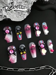 10 Hand-Pressed Coffin-Shaped Nails, Fake Nails, DIY, Halloween Nails,3D Colorful Cat Heart Bow, Transparent Gradient Nail Surface Creates Rebellious Yet Sweet Fingertip Fashion, Suitable For Girls And Ladies To Reusable Nail Art Supplies In Weddings, Parties, Holiday Scenes, Gift A Nail Kit - Hot Pink - View 2