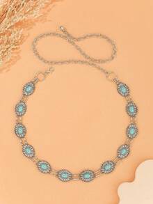 Cadena de cintura vintage bohemia de turquesa ovalada, cinturón de metal para vestido, chaqueta, adecuado para primavera, verano, otoño, invierno - Plateado - Ver 12