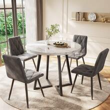 Round Dining Table (1 Piece), Kitchen Table, Unique Metal Frame, Modern Marble Pattern Dining Table, Suitable For Dining Room And Living Room, White/Black - White - View 10