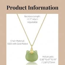 Green Natural Jade Necklace, Cat Shape Jade Pendant For Women, Jade Jewelry For Women Lucky Gifts For Girls Women (925 Sterling Silver With Gold Plated),30244830