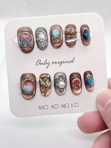 10 móng tay giả màu nâu, kiểu dáng ngắn hình bầu dục, phong cách Pháp cổ điển sang trọng, móng tay giả thủ công, móng tay phong cách Punk, móng tay Giáng sinh, dụng cụ làm móng, móng giả che phủ toàn bộ, móng tay nhân tạo, phù hợp cho phụ nữ và bé gái, móng giả dùng hàng ngày nơi công sở, nghệ thuật làm móng thủ công. - màu nâu - Xem 3