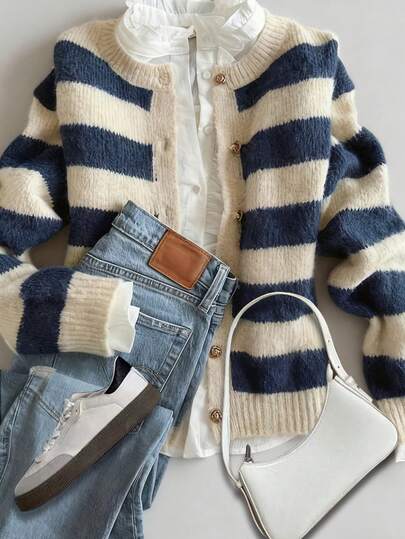 Elegante suéter de punto de manga larga con cuello redondo, botones con forma de flor y rayas verdes, cómodo y de estilo casual para otoño e invierno. Ropa de otoño e invierno para mujer, blusas de otoño, para trabajo/oficina, estilo casual de negocios.