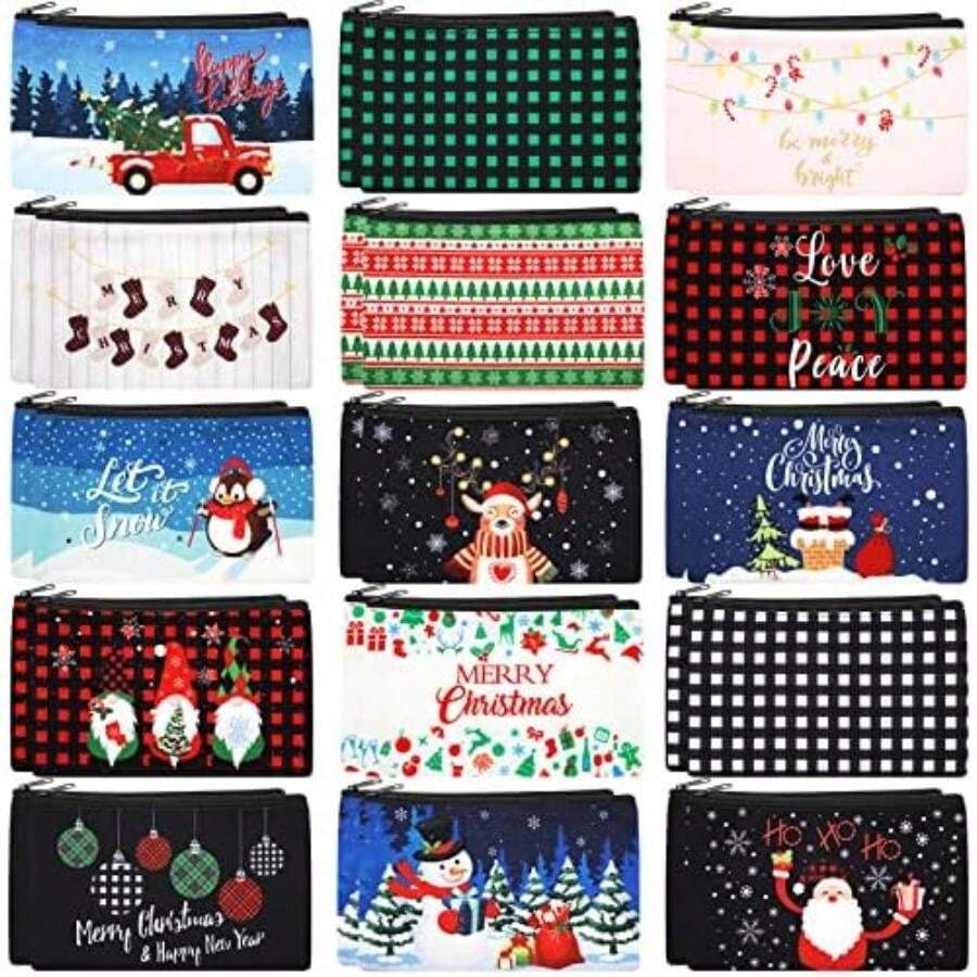 Saintrygo 30 Bolsas de Maquillaje de Regalo de Navidad Bolsa de Cosméticos a Cuadros Bolsas de Merry Christmas y Papá Noel con Muñ de Nieve, Reno, Campana de Navidad para Mujer, 15 Estilos(default) - Multicolor - Ver 1
