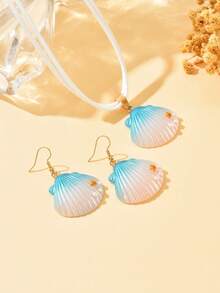 1 Set Of 3pcs Gradient Color Faux Pearl Shell Pendant Earrings Necklace Set, Fashionable Iridescent Carved Starfish Faux Pearl Pendant Earrings Necklace Set, Suitable For Women's Daily, Vacation, Party Wear - Blue and White - View 3