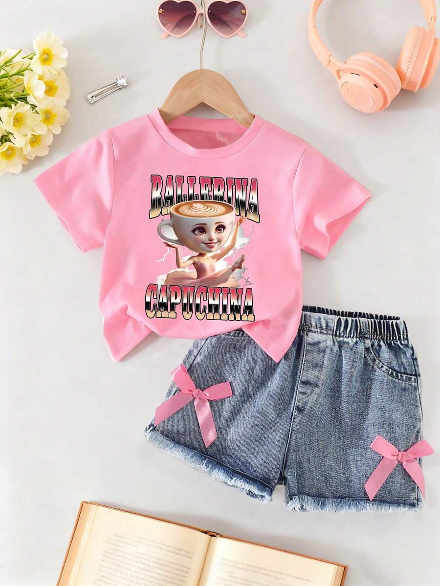 Conjunto de blusa de manga corta con estampado de letras y shorts de mezclilla para niñas pequeñas - Rosa - Ver 1