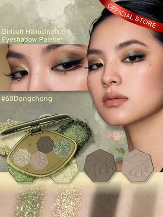  Girlcult Hallucination 眼影盘 60 Dongchong，冬季灵感色彩故事，冷色调调色板，天鹅绒哑光，金属光泽，双色闪粉，多维效果，高冲击力颜料，节日妆容，晚间魅力，艺术外观，5.2g/0.18oz，适合万圣节派对