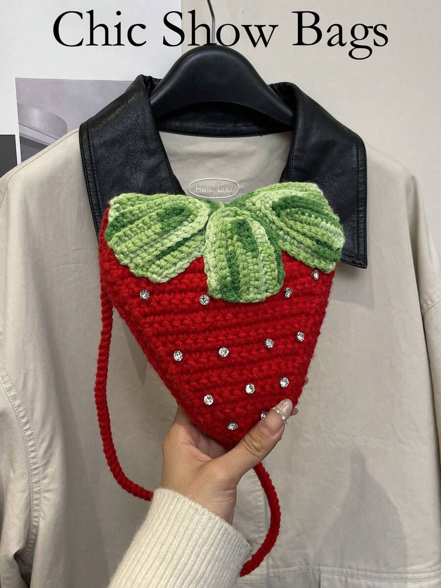 Cute Mini Strawberry Diamond Coin Purse Handmade Crochet Crossbody Bag Shoulder Bag Fruit Bag - Red - View 1