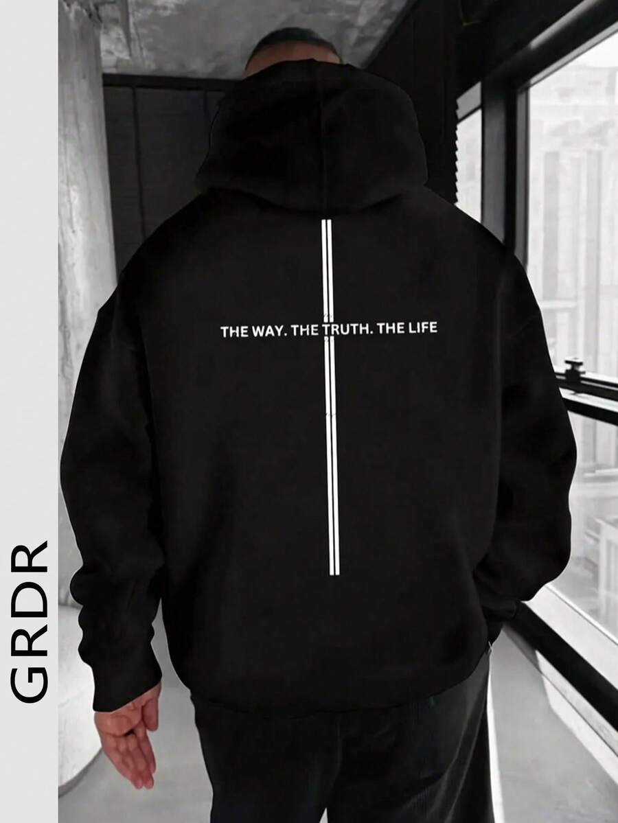 GRDR Men's Casual Loose Fit Printed Hoodie Sweatshirt, Autumn/Winter - Black - View 1