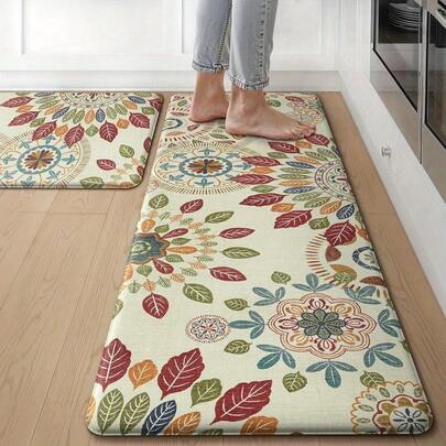 1pc Non-Slip Rubber Kitchen Mat 48x17 Inches - High Quality Cushioned Comfort Standing Mat With Floral Design, Heat-Resistant Non-Woven Fabric & Non-Slip Backing For Sink, Laundry, Office, Home - Beige & Red, Kitchen Mats For Floor, Comfortable Standing, Decorative Floor Covering, Busy Homemakers