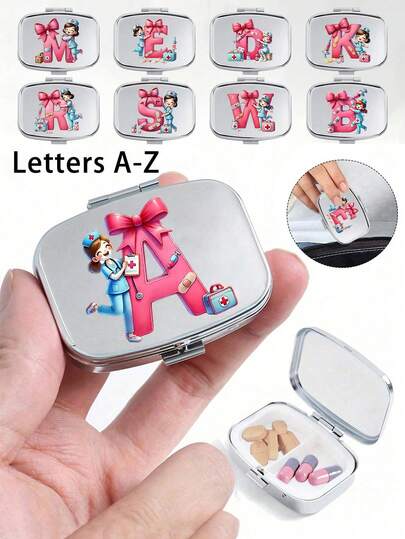 Square Pill Box With Nurse And Letter Pattern, Letters A-Z Portable Pill Storage Compartments, Mini Metal Storage Box, Portable Jewelry And Pill Box, Personalized Creative Gift , Bow Tie, Nurse's Hat, Medicine Bottle Pattern,Suitable For Travel, Outdoor Activities, Bags, Pockets, Used For Wedding Gifts, Gifts And Reception Decoration, Uniquely Designed Decorative Travel Storage Box,Gifts For Friends,Nurse Gift,Essential For Healthy People
