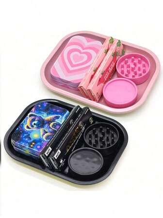 1 Set/2 Sets Simple Smoking Accessories Kit, Includes 18*14cm Tray, 2 Packs Of 110mm King Size Cigarette Papers, Paper Material, Slow Burning, Metal Cigarette Case, Plastic Grinder, Convenient To Use, Gift For Smokers, Birthday, Holiday, Christmas