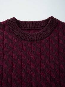 Men's Casual Retro Style Jacquard Knit Pullover Sweater, Lightweight, Crew Neck, Long Sleeve, Suitable For Autumn And Winter - Burgundy - View 4