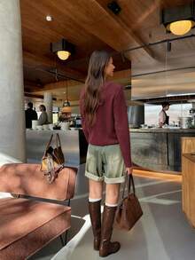 MORI 女士春秋新款针织开衫，休闲时尚街头风，金属纽扣圆领设计，适合通勤和日常穿着，纯酒红色毛衣上衣，适合新年、情人节等场合。 - 酒紅色 - 查看 6