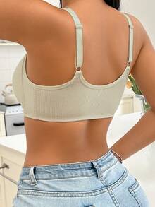Full Bust Wirefree Bra - Front Hook & Adjustable Straps | Supportive Ribbed Design With Fixed Pads-Engineered For C-E Cups (1 Piece) - Beige - View 3