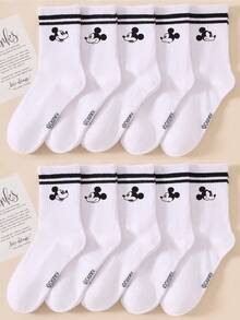 Disney 1双/5双/10双装 女士中筒袜 - 米奇图案，情侣中筒袜，双条纹运动中筒袜，百搭款式，适合日常穿着和作为节日礼物 - 彩色 - 查看 12