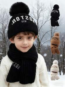 1 set Cappello lavorato a maglia con ricamo a lettera e pon pon per bambini, in maglia nera, ricamo a lettera, decorazione con pon pon, antivento e caldo per testa e collo, adatto per scuola, attività all'aperto, viaggi in autunno/inverno, accessori per bambini - 1 set - Visualizzare 2