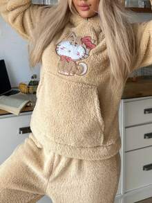 SANRIO 2pcs/Set Women's Cartoon Bear Sweatshirt With Pocket And Ear Design, Long Pants, Fleece, Warm And Comfortable Loungewear Set For Autumn/Winter - Brown - View 6