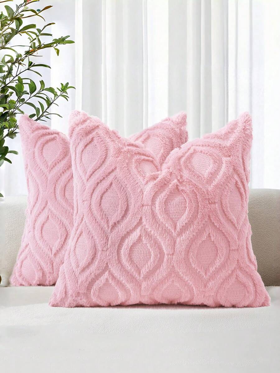 1 PC Pink Geometric Textured Pillow Cover, Minimalist Style Plush Square Cushion Cover With Fluffy Detail - Ideal For Winter, Living Room, Office & Car Decor, Daily Use - Pink - View 1