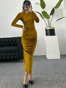 高端丝绒修身性感连衣裙，后背开衩 - 薑色 - 查看 2